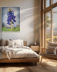 Bedroom with a large window, wooden bed, and a painting Texas Bloom No. 1, by Kris Horton,  a bluebonnet on the wall. 