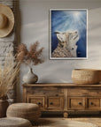 Painting of Believe by Kris Horton a bobcat looking up into the sun with blue sky above a hall table.
