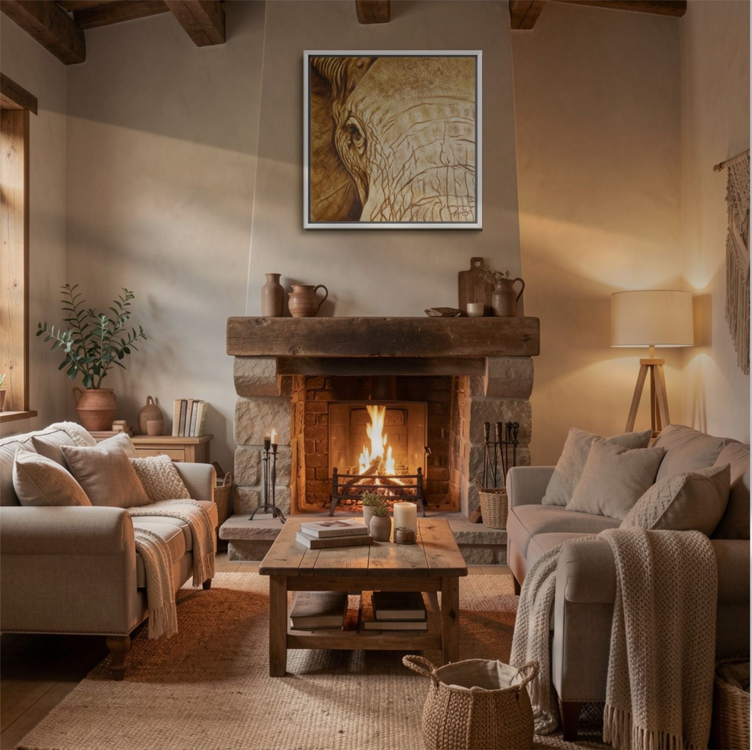 Framed wall art of a close up of an elephants eye in sepia hanging above a fireplace in a cozy living room.