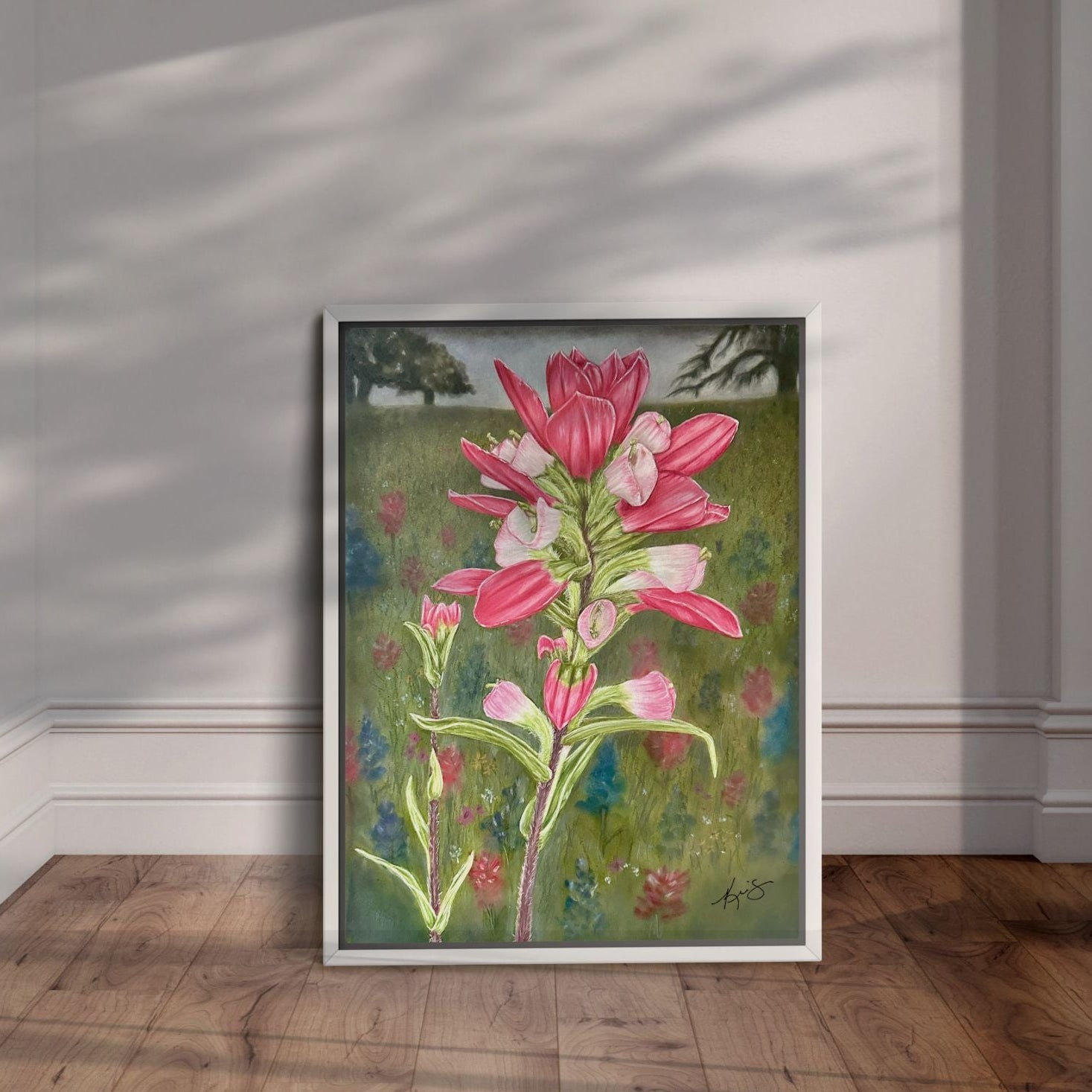 White framed painting of an Indian Paintbrush flower by Kris Horton.