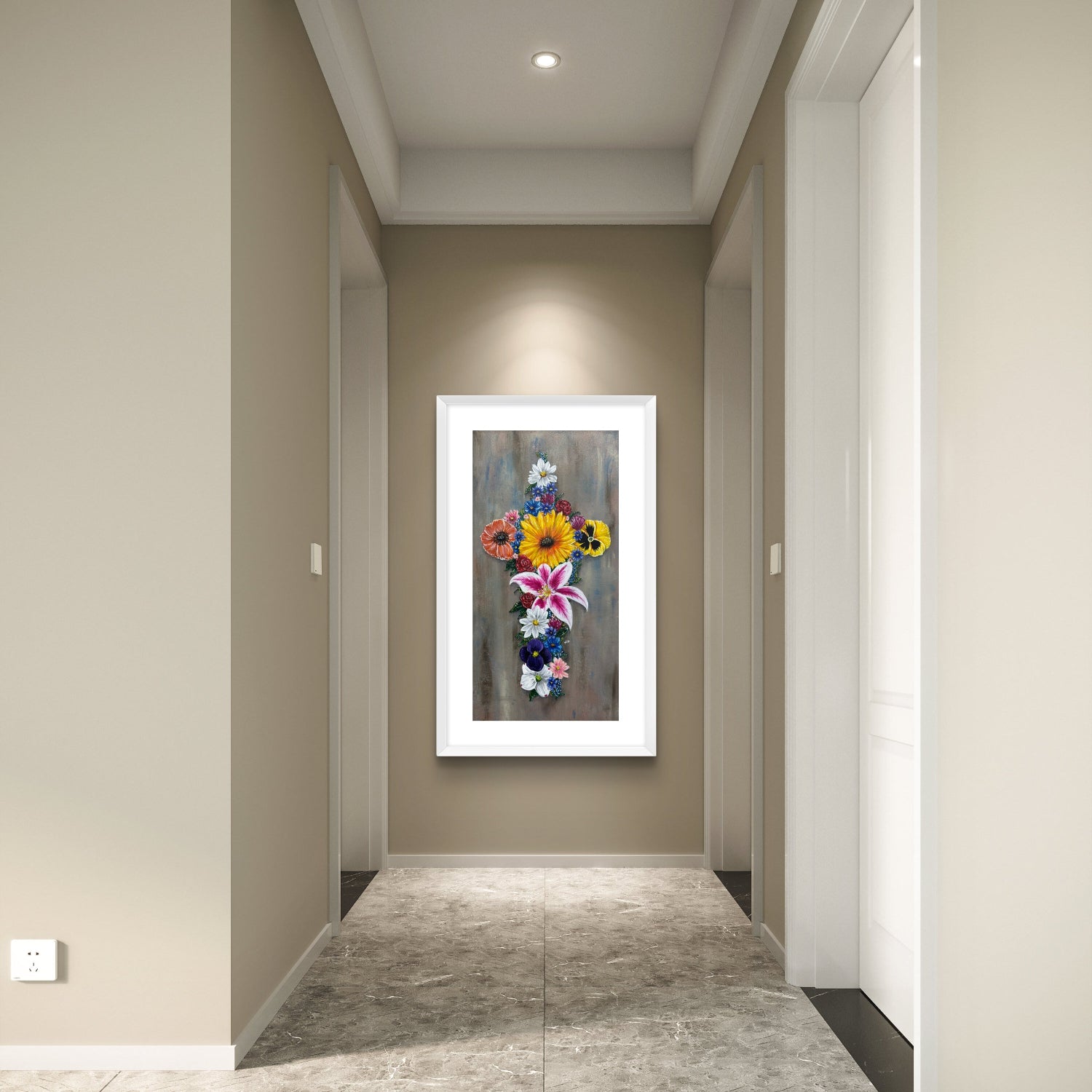 Framed floral artwork of a cross made of flowers on a wall in a modern hallway.