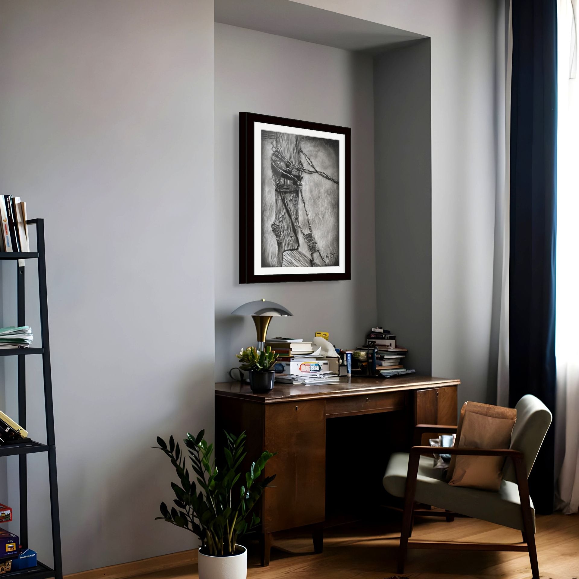 framed canvas print by Kris Horton, Bound, a black and white painting of an old fence post wrapped with barb wire